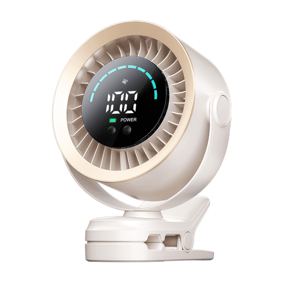 LHYXU Portable Clip on Fan, 100-Speed Rechargeable USB Fan with LED Display, 360° Rotation & Strong Airflow Desk Fan, Up to 17 Hours For Outdoor Travel Camping Treadmill Car (B/Beige)