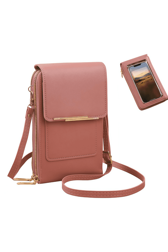 TouchScreen Phone Crossbody Bag for Women, Anti Theft Leather Cell Phone Small Purse with Clear Window for Travel, Shopping & Everyday Use(Rose)
