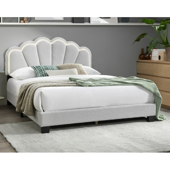 LHYY 1pc Full Size Bed Wool Fabric Floral Design Headboard w LED Fully Upholstered Platform Bed frame