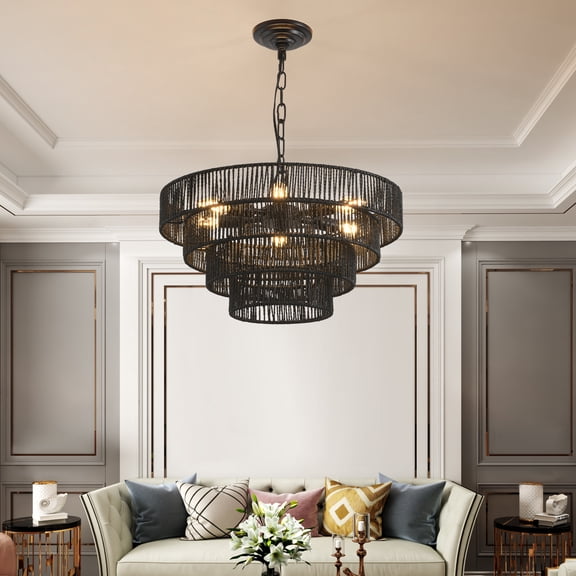 LHYY 20" Rustic 4-Tier Black Hemp Rope Pendant Light Chandelier with 6 E12 Sockets,Handmade Tiered Boho Ceiling Light Fixture for Dining Room,Kitchen,or Foyer (Bulb Not Included)