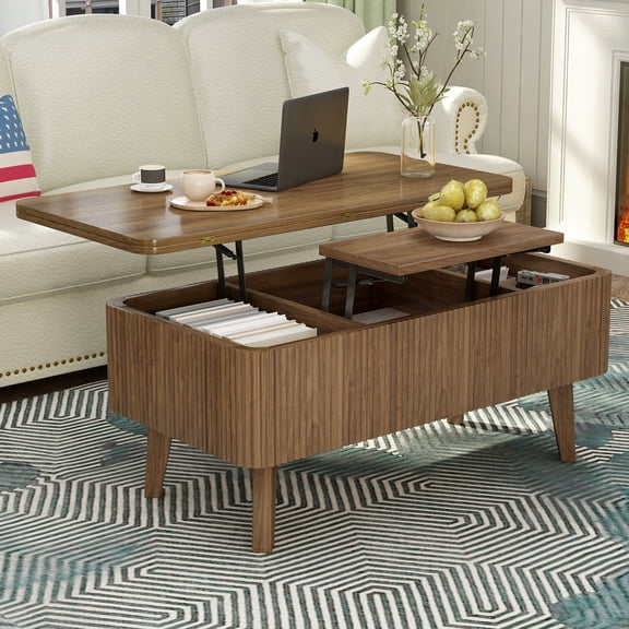LHYY 3 in 1 Lift Top Coffee Table,Fluted Convertible Coffee Tables Converts to Dining Tables,Modern Oval Wooden Center Table with Storage for Living Room Office Small Space(Walnut)