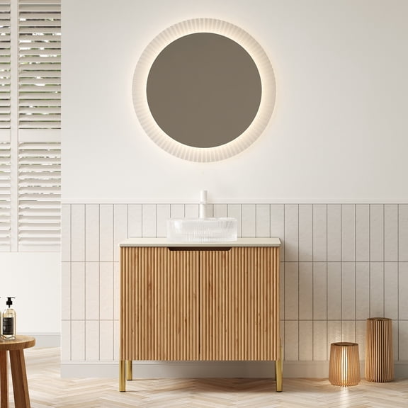 LHYY 30" Bathroom Vanity Sink,Freestanding Plywood Storage Cabinet with 2 Doors,Transparent Round Glass Basin with Stone Pattern Roma Travertine Sintered Stone Counter Top,Woodgrain Color