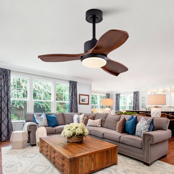 LHYY 36"Wood Ceiling Fan with Lights Remote Control,Quiet DC Motor 3 Blade Ceiling Fans for Patio Living Room,Bedroom,Office,Indoor Outdoor(Black+Dark Walnut)