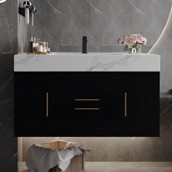LHYY 39.4" Wall-Mounted Bathroom Vanity with Sink,Waterproof Plywood Cabinet,Ceramic Undermount Basin