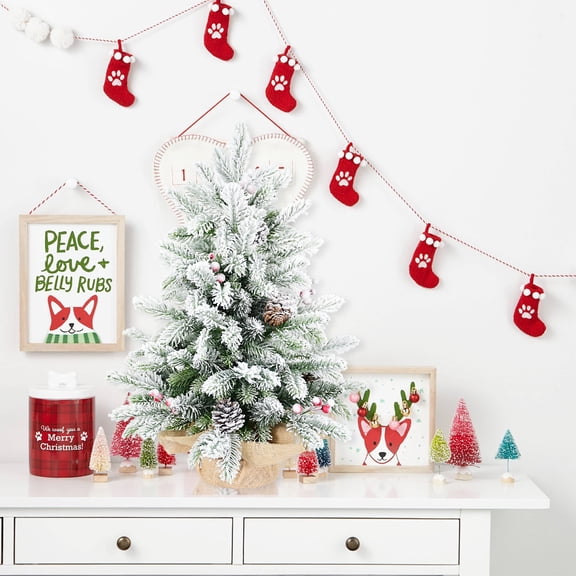 LHYY 3FT Flocked Tabletop Christmas Tree with 355 Tips,Snowy PE/PVC Branches,14 Pine Cones 14 Red Berries,Burlap Cement BaseSmall Decorative Tree for Home Office Holiday Decor