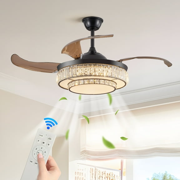 LHYY 48" Contemporary Crystal LED Retractable Ceiling Fan with Light and Remote Control,6-Speed Quiet Reversible DC Motor,4 Blades Modern Ceiling Fans for Kitchen Bedroom Dining Room Patio
