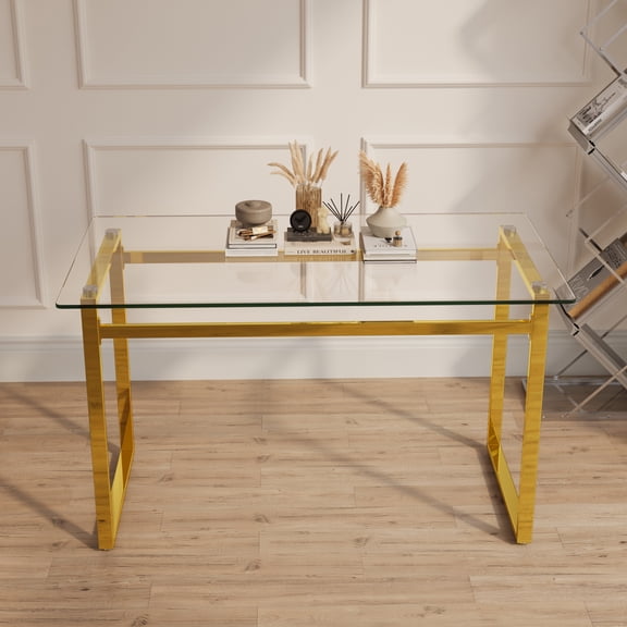 LHYY 51"Modern Minimalist Rectangular Glass Dining Table for 4-6 with 0.31"Tempered Glass Tabletop and Golden Chrome Metal Legs,Writing Table Desk,for Kitchen Dining Living Room