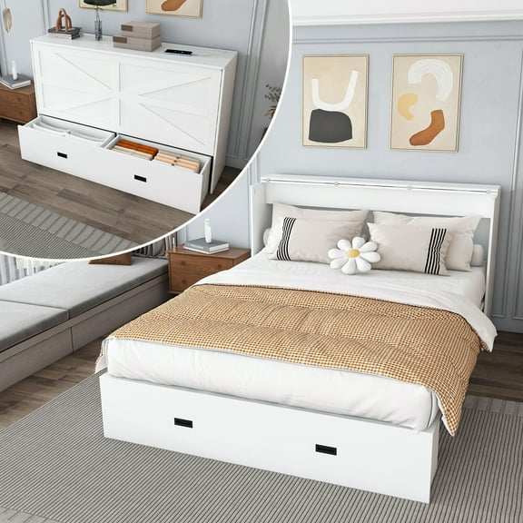 LHYY 57 inches Murphy bed,with storage drawers and charging cabinet,with foldable panels,with swivel wheels,noise-free,suitable for guest rooms,living rooms and offices,white