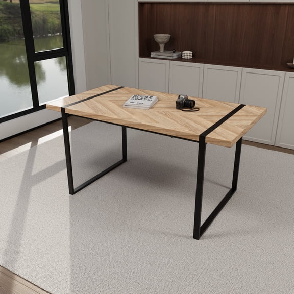 LHYY 59 "dining table modern industrial rectangular MDF light wood ,4-6 people,1.5"thick engineering wood tabletop and black rectangular metal legs,used for home kitchen