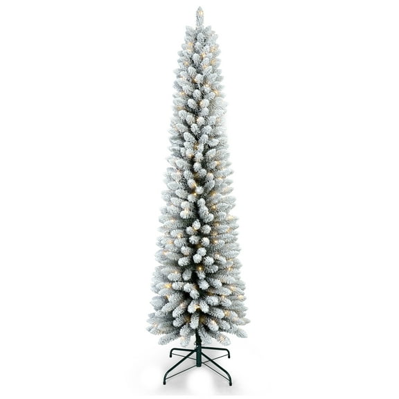 LHYY 6FT Flocked Pencil Christmas Tree with 150 Warm White LED Lights–Slim Snowy PVC Tree with 358 Tips,Metal Stand,Space-Saving Design,Easy to Set Up