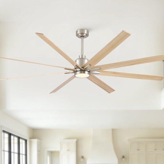 LHYY 84"Oversized Large Brushed Nickel Light Yellow Solid Wood Ceiling Fan with Dimmable Led Light Control Reversible DC Motor For Living Room Warehouse Villa