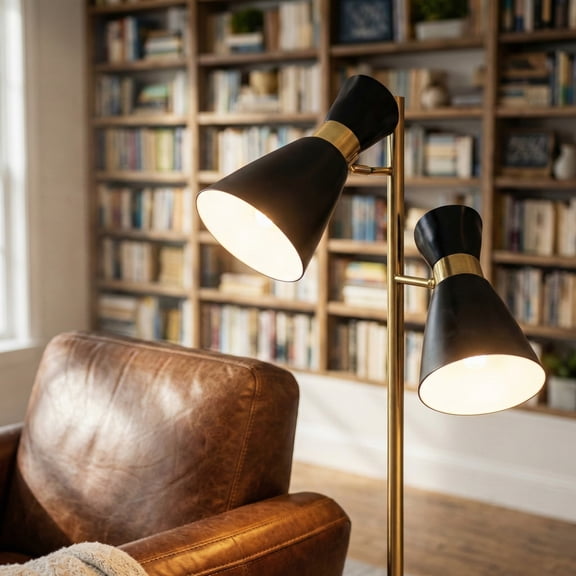 LHYY Axis Brassed Gold Floor Lamp with 4-Way Switch Double Spots with Metal Base