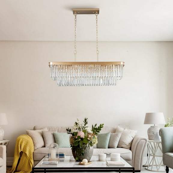 LHYY Chandeliers,Rectangular Crystal Chandelier Adjustable,E12 Modern Industrial Crystal Lights,Farmhouse Iron Ceiling Hanging Light for Kitchen Living Room Bedroom/Gold(Bulb Not Included)