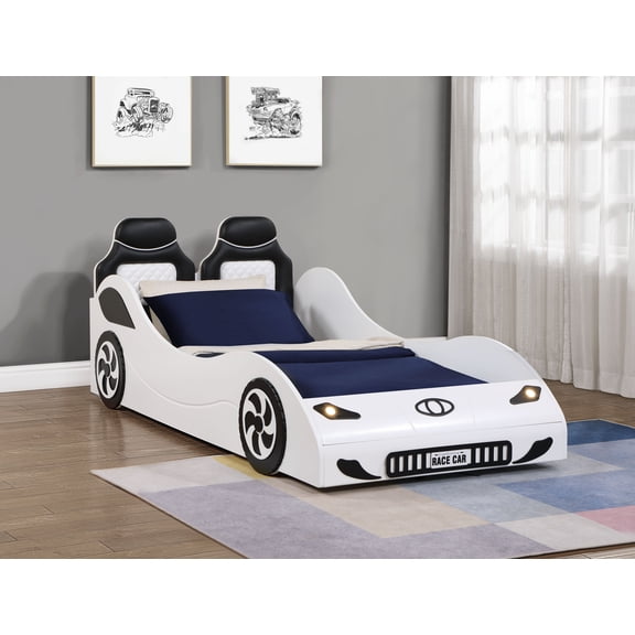 LHYY Colen White Finish Twin Car Bed with LED