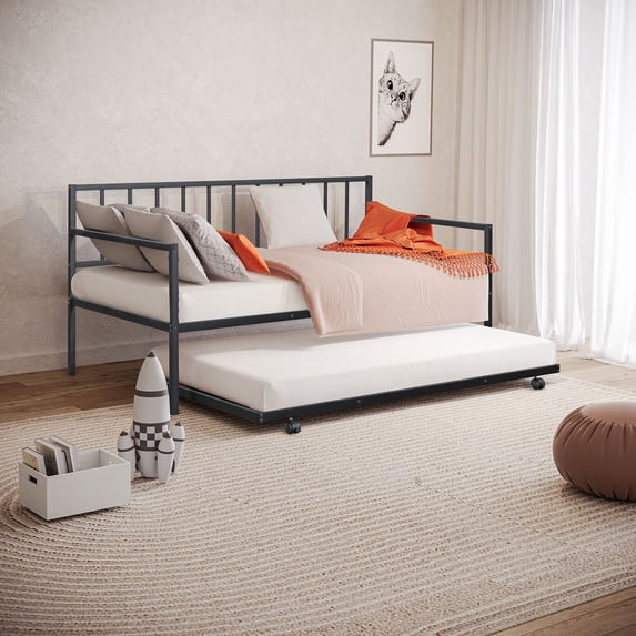 LHYY Contemporary Style 1pc Twin Size Metal Daybed With Trundle Mattress Ready Full Metal Structure Black Finish