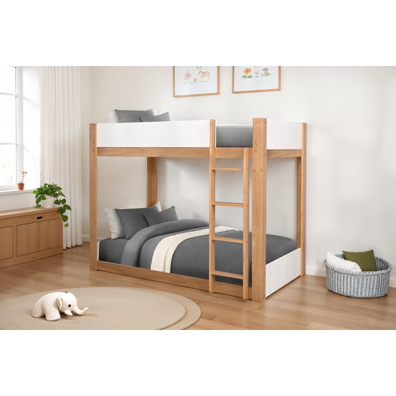 LHYY Contemporary Style Twin Over Twin Bunk Bed Lock Joint Side Rails Natural White Finish Bedroom Furniture