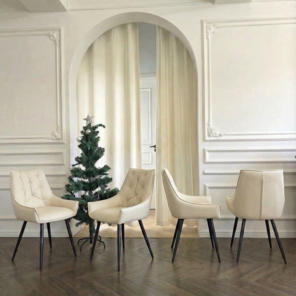 LHYY Dining Chairs Set of 4,Off White Faux Leather Dining Room Chair,Metal Kitchen Chairs with Gold Mesh Texture and Black Sanded Legs,Flat Back Upholstered Chair (Off White,Set of 4)