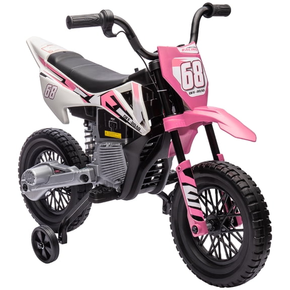 LHYY Dirt Bike with Twist Grip Throttle,12V Electric Motorcycle,Electric Bike for with Training Wheels,Rear Suspension Music for Ages 3-6 Years,Pink