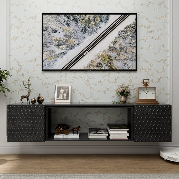 LHYY Floating TV Wall Mount Stand for 80 Inch TVs-Sturdy Wood Console,High Weight Capacity Hidden Cable Management,Contemporary Style(Black,not include electric fireplace)
