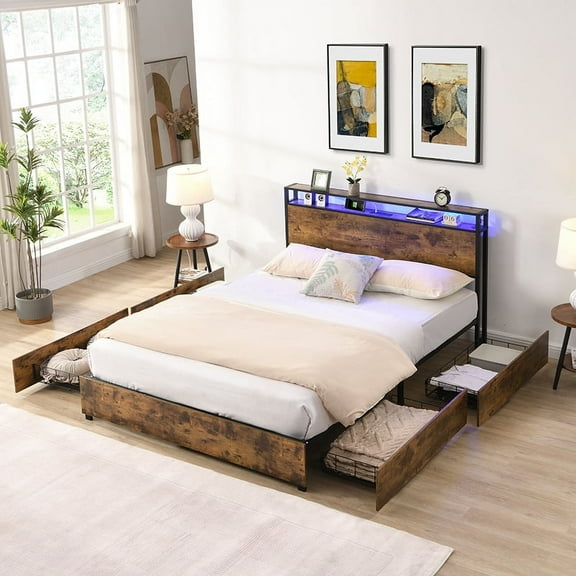 LHYY Full Bed Frame,Storage Headboard with Charging Station,Solid and Stable,Noise Free,No Box Spring Needed,Easy Assembly