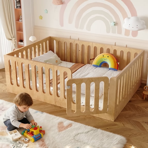 LHYY Full Size Floor Bed with High Fence for ,Solid Wood Bed with Door ...