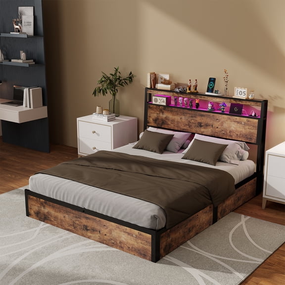 LHYY Full Size Rustic Brown Hydraulic Lift Storage Bed Frame-Metal Noise-Free Structure +RGB LED Lights +USB/Type-C Charging Station,No Box Spring Needed