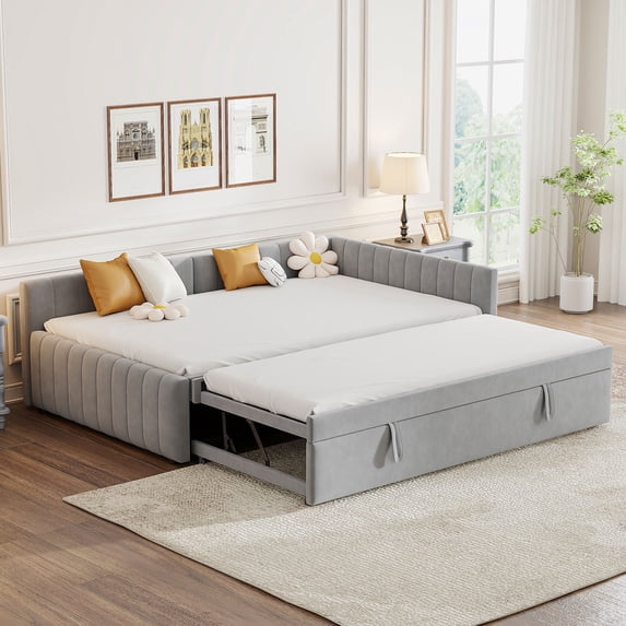 LHYY Full Size Upholstered L-Shaped Upholstered Daybed with Twin Size Pop Up Trundle,Gray