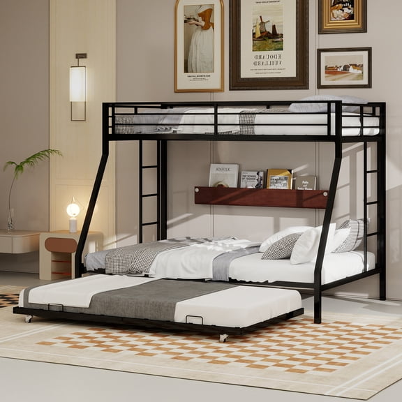 LHYY High-Stability Square Tube Bunk Bed,Featuring Ladder & Rolling Trundle,Modern Minimalist Look,Strong Load-Bearing for Home,Dormitory & Guest Room Needs-Queen Size-153cm x 203cm-Black
