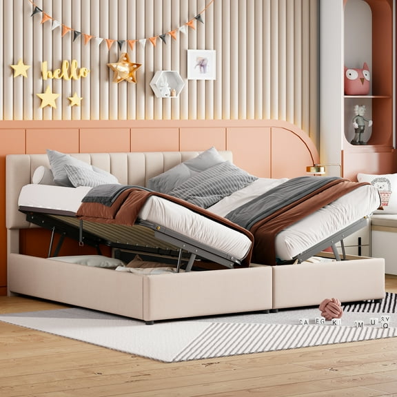LHYY King Size Upholstered Platform Bed with a Hydraulic Storage System,Beige