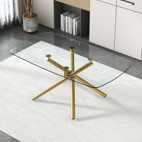 LHYY Large Modern Minimalist Rectangular Glass Dining Table with 0.39"Tempered Glass Top and Gilded Metal Legs for Kitchen,Dining Room,Living Room,Meeting Room,Ballroom 71"x 35.4"x 30"