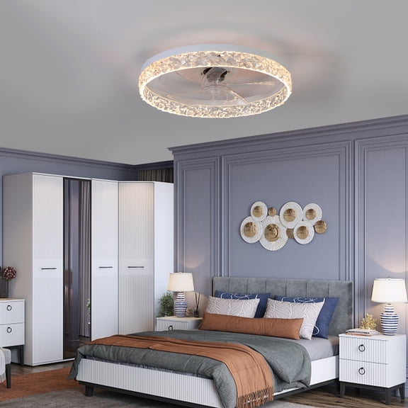 LHYY Modern Acrylic Ceiling Fan Light with Remote Control,Dimmable LED Chandelier,6-Speed Adjustable,Quiet Motor,Flush Mount Design for Living Room,Bedroom,Dining Room