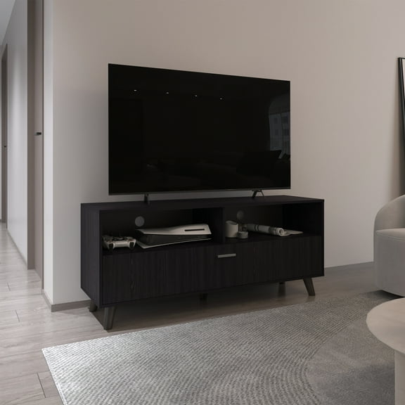 LHYY Patrick Tv Stand With 2 Doors And Open Storage Shelves,Modern Entertainment Center,Black