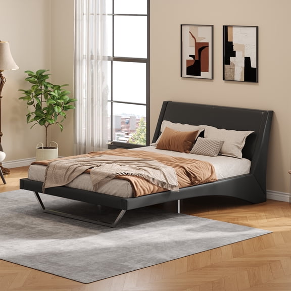 LHYY Queen Size Upholstered Bed Frame,Pu Leather Platform Bed with Wave-Like Curve Design and Trapezoidal-Shaped Leg,No Box Spring Needed,Black