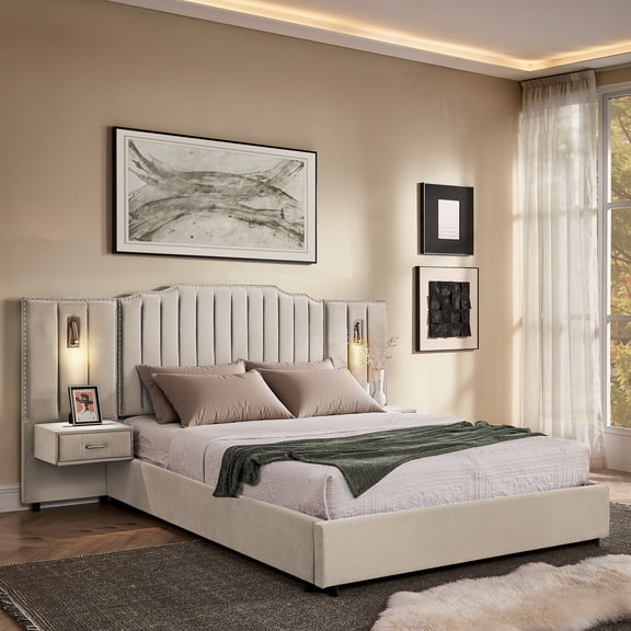 LHYY Queen Size Upholstered Bed Frame with Velvet Fabric,Vertical Stripe Design with Buttons Around Platform Bed with Headboard,Solid Frame Bedside Table-No Box Spring Needed-Beige