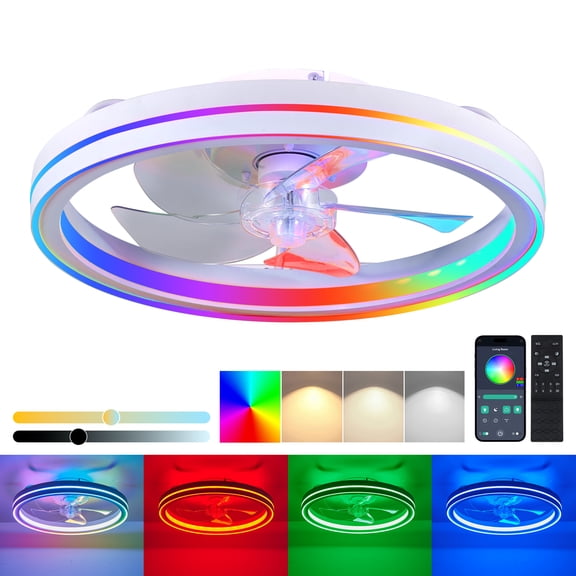 LHYY RGB Ceiling Fans with Lights,19'' Smart LED Ceiling Fan with Remote/APP Control,Modern Low Profile Bladeless Chandelier Fan,Dimmable White Fandelier for Bedroom,Living Room,Kitchen
