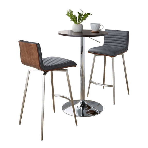 LHYY Swivel Mid-Century Modern Counter Height Dining Set with Adjustable Table in Chrome Metal,Brown Wood Tabletop,Stainless Steel and Grey Faux Leather-3 Piece