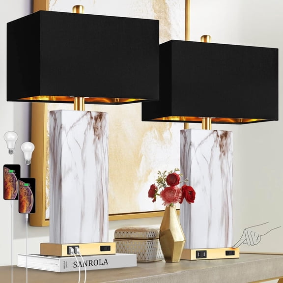 LHYY Touch Control Table Lamps Set of 2,Modern Contemporary Bedside Lamp with 2 USB Ports 1 AC Outlet,3-Way Dimmable Nightstand Lamp Faux Marble Gold Black Rectangular Shade for Living Room Bedroom