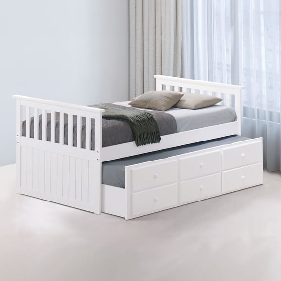 LHYY Transitional Style Captain Bed With Trundle And 3 Drawers Attached Slat Design Mortise Tenon Joint White Finish