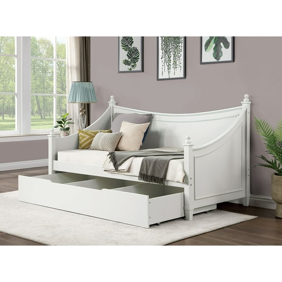 LHYY Transitional Style Twin Daybed Molding Design White Finish Mattress Ready Poster Design With Finials Solid Wood Structure