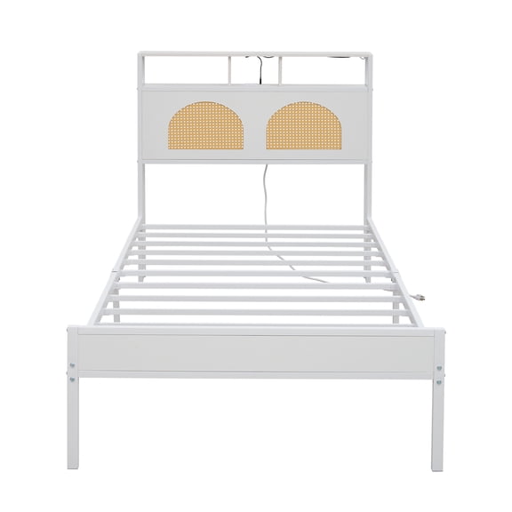 LHYY Twin Bed Frame with Headboard,Platform Bed with LED & Charging Station,the rattan-framed headboard exudes a classical charm,No Box Spring Needed,Noise Free,Easy Assembly,White