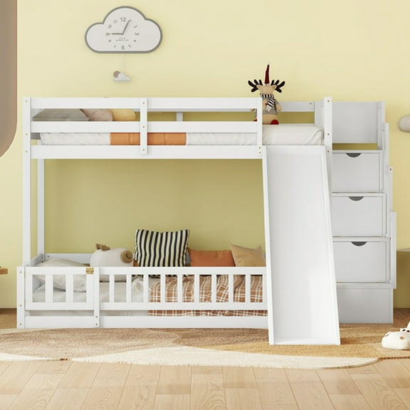 LHYY Twin Over Full Bunk Bed with Slide,Storage Staircase,Pine Solid Wooden Bunk Bed with Safety Guardrails,White