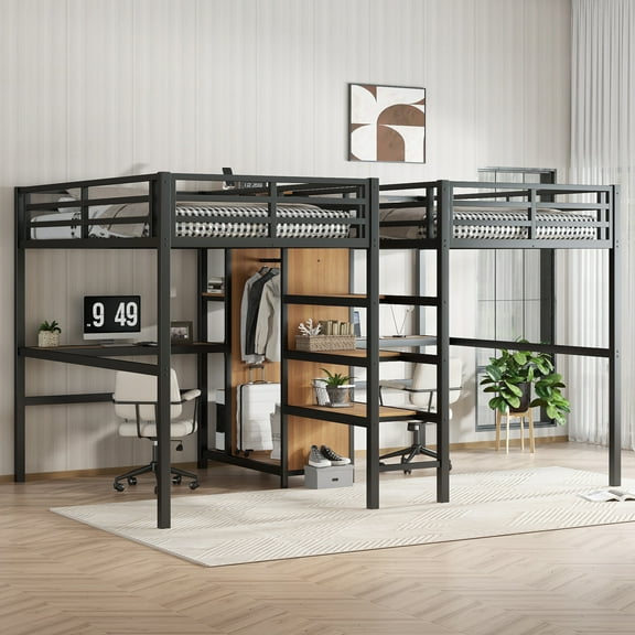 LHYY Twin Over Twin Metal Loft Bed with Double Desk and Wardrobe and Shelves with Electrical Outlet for Space Saving and Noise Reduction,woodgrain