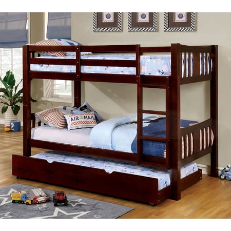 LHYY Twin Over Twin Transitional Style Bunk Bed Dark Walnut Finish Attached Ladder Rails And Lock Joint Structure Trundle-Included Espresso Finish