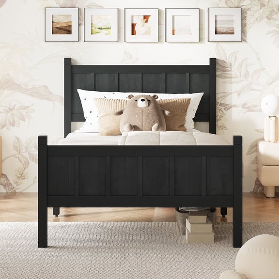 LHYY Twin Size Flat Panel Bed with Headboard Footboard,Minimalist Modern Platform Bed with Wood Grain Finish,Shaker and Farmhouse Style Design,Sleek and Functional Bedroom Furniture,Black