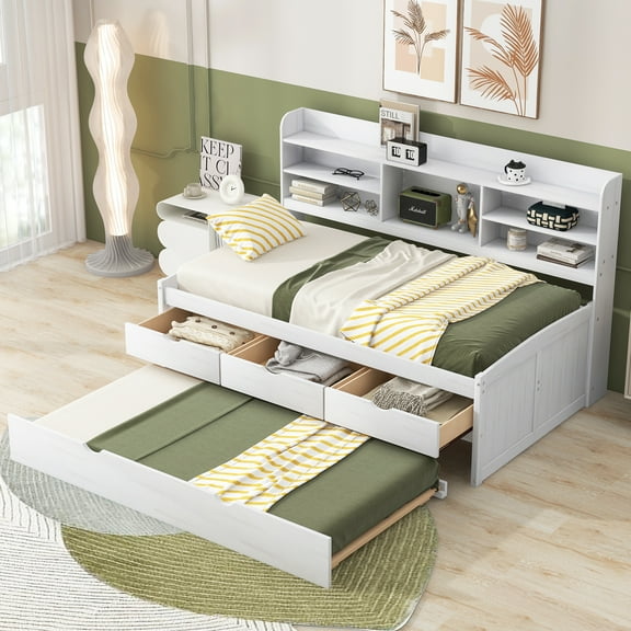 LHYY Twin Size Wooden Captain Bed with Built-in Bookshelves,Three Storage Drawers and Trundle,White Wash