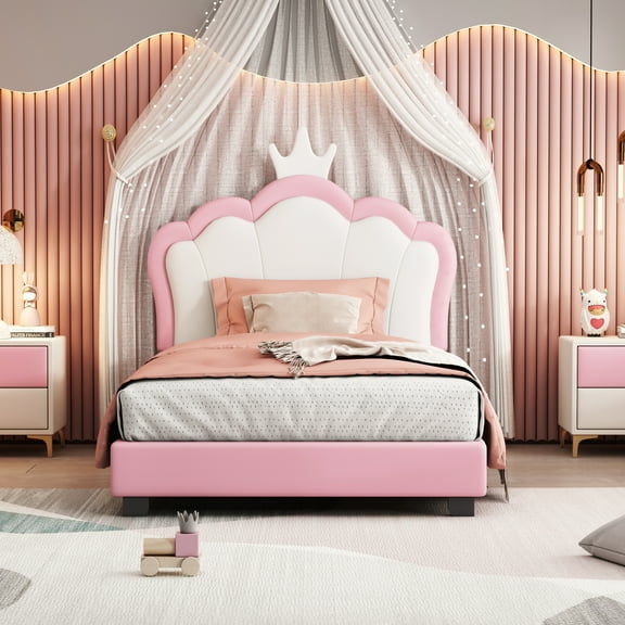LHYY Twin size Upholstered Princess Bed With Crown Headboard,Twin Size Platform Bed with Headboard and Footboard,Cream+Pink