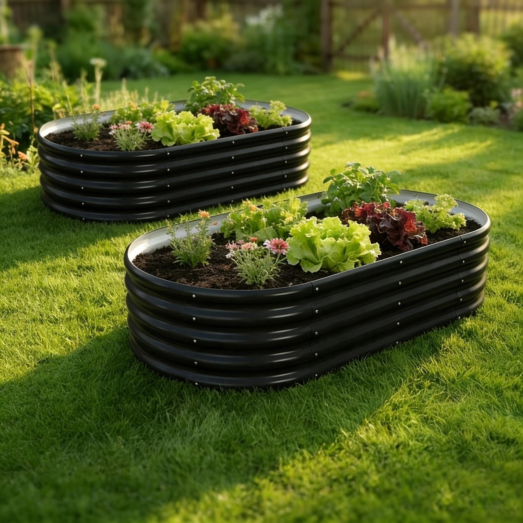 LIALEX 2 Sets Black Galvanized Raised Garden Bed 4 by 2 Feet Oval Lightweight Metal Planter Boxes Outdoor with Easy Assembly, Rust Resistant