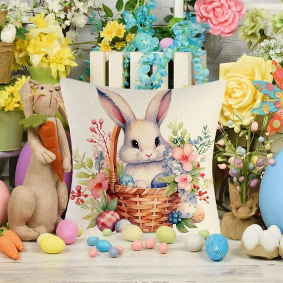 18IN Easter Pillow Covers Spring Easter Throw Pillow Covers Easter Bunny Eggs Cushion Covers Pillow Cases For Home Outdoor Sofa Couch Decoration Linen Fabrics Novel Easter Design