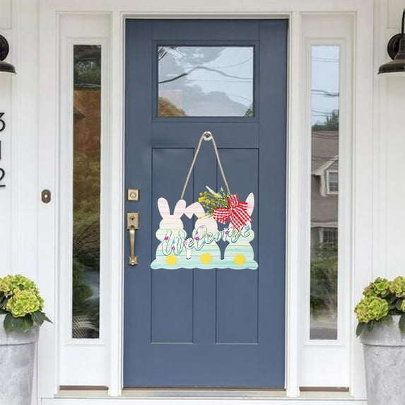 LIAMOBONDOPOLISE 2025 New Happy Easter Sign Wood Hanging Sign Wooden Easter Front Door Decorative Bunny Eggs Bow Tie Shaped Wall Hangings Novel Easter Design