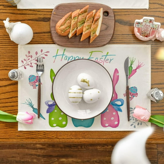 LIAMOBONDOPOLISE Vintage Happy Easter Placemats Spring Easter Place Mats Vintage Dining Table Decorations Bunny Chick Easter Holiday Table Mats For Kitchen Dining Decoration Novel Easter Design